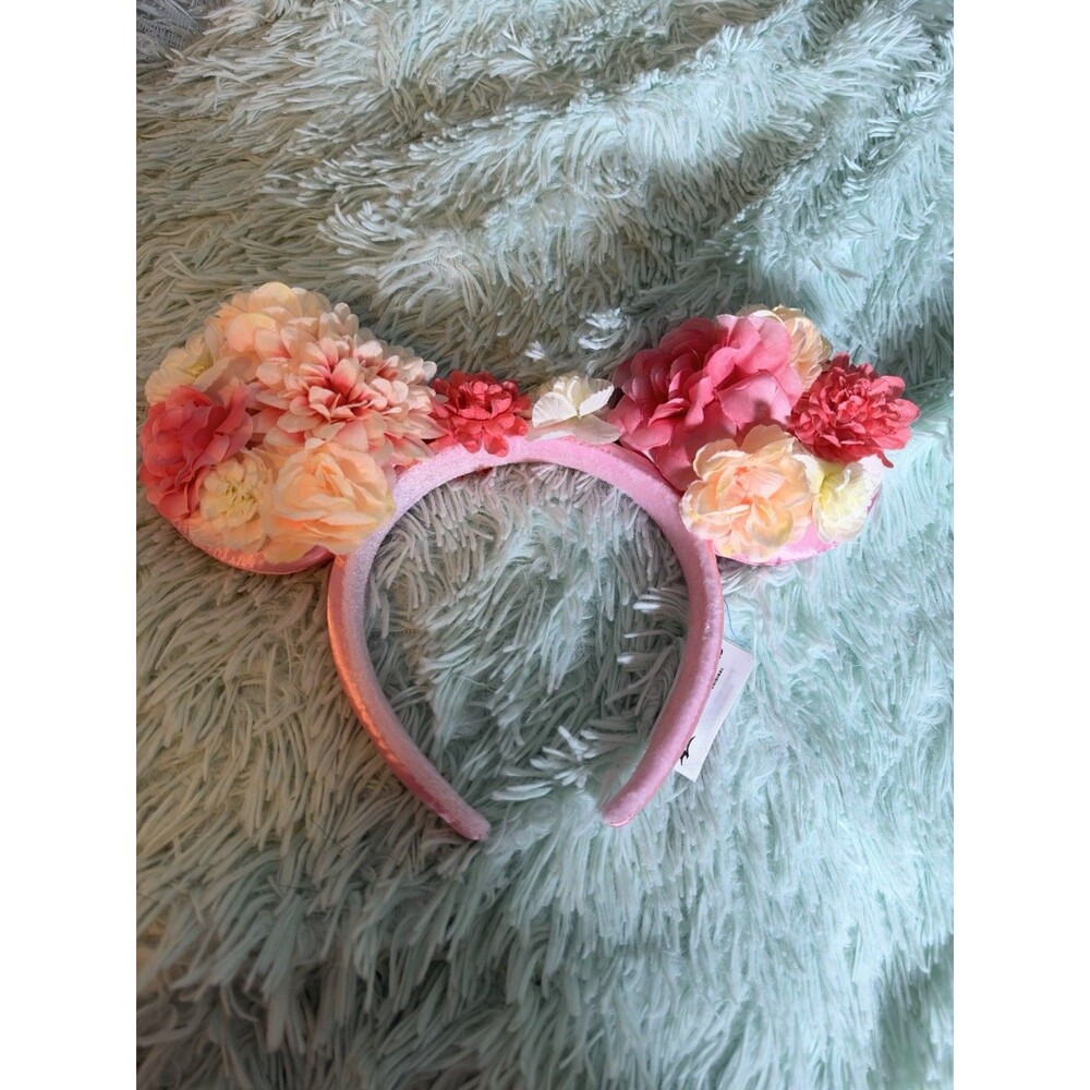 Disney Parks Minnie Mouse Pink  & Coral Flower Ear Headband No Tags